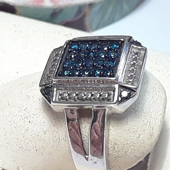 .29ctw Real Blue Diamond Retangal Modern Gnts/Lds Sterling Silver Ring #19899 - Picture 5 of 5